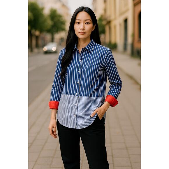 Gap Women’s  Preppy Striped Color Block Button Down Shirt Business Casual Blue M - Picture 1 of 6